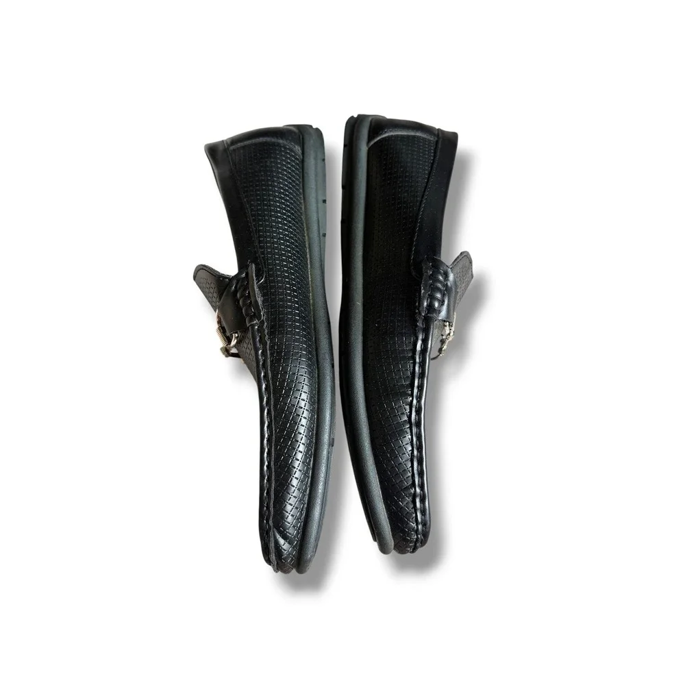 David Stone Bit Loafers Mens 11 Black Faux Leather Grid Moc Toe Slip On Shoes